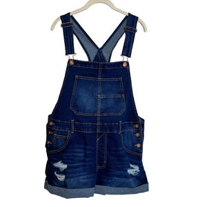 No Boundaries Juniors Denim Shortalls Large Dark Wash Bib Shorts Overalls Jorts